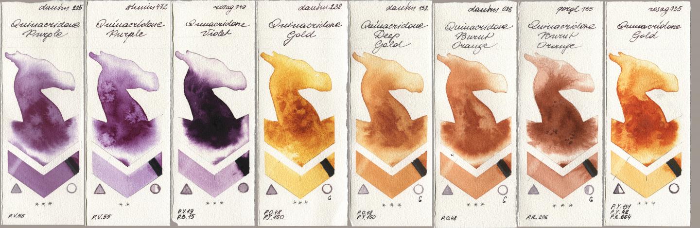 Daniel Smith 225 Quinacridone Purple, Shminke Horadam Aquarell 472 Quinacridone Purple, Rosa Gallery 749 Quinacridone Violet, 238 Quinacridone Gold, 152 Quinacridone Deep Gold, 086 Quinacridone Burnt Orange, Golden QOR 165 Quinacridone Burnt Orange, 735 Quinacridone Go watercolor swatch