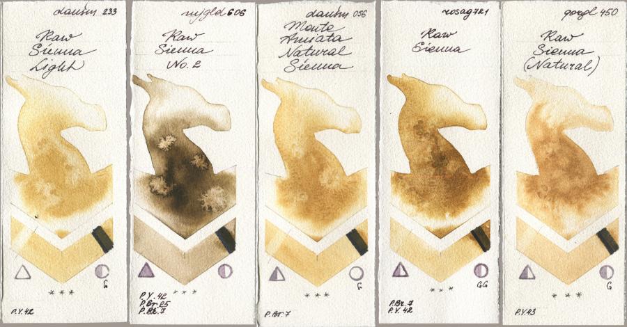 Daniel Smith 233 Raw Sienna Light, Mijello Mission Gold 606 Raw Sienna No 2, 056 Monte Amiata Natural Sienna, Rosa Gallery 721 Raw Sienna, Golden QOR 450 Raw Sienna (Natura watercolor swatch