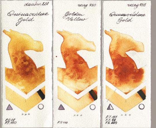 Daniel Smith 238 Quinacridone Gold vs Rosa Gallery 730 Golden Yellow vs 735 Quinacridone Gold watercolor swatch