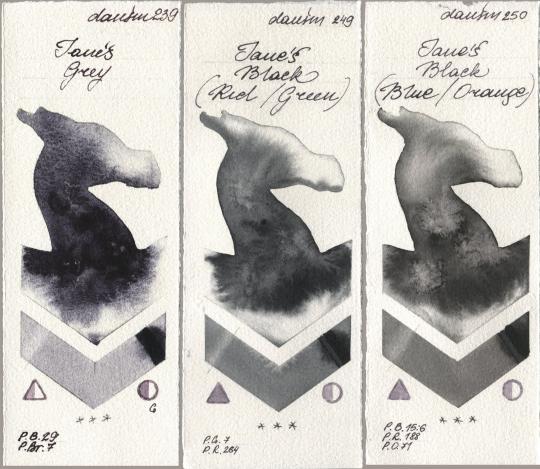 Daniel Smith 239 Janes Grey, 249 Janes Black (Red/Green), 250 Janes Black (Blue/Orang watercolor swatch