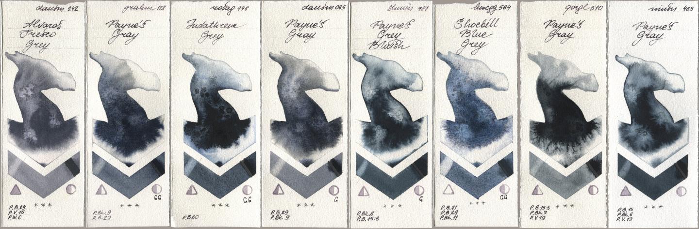 Daniel Smith 242 Alvaros Fresco Grey, M. Graham & Co. Artists 128 Payne’s Gray, Rosa Gallery 778 Indanthrene Grey, 065 Paynes Gray, Shminke Horadam Aquarell 787 Paynes Grey Bluish, Holbein Artists Watercolor 564 Shoebill Blue Grey, Golden QOR 510 Paynes Gray, Winsor & Newton Professional 465 Paynes Gr watercolor swatch