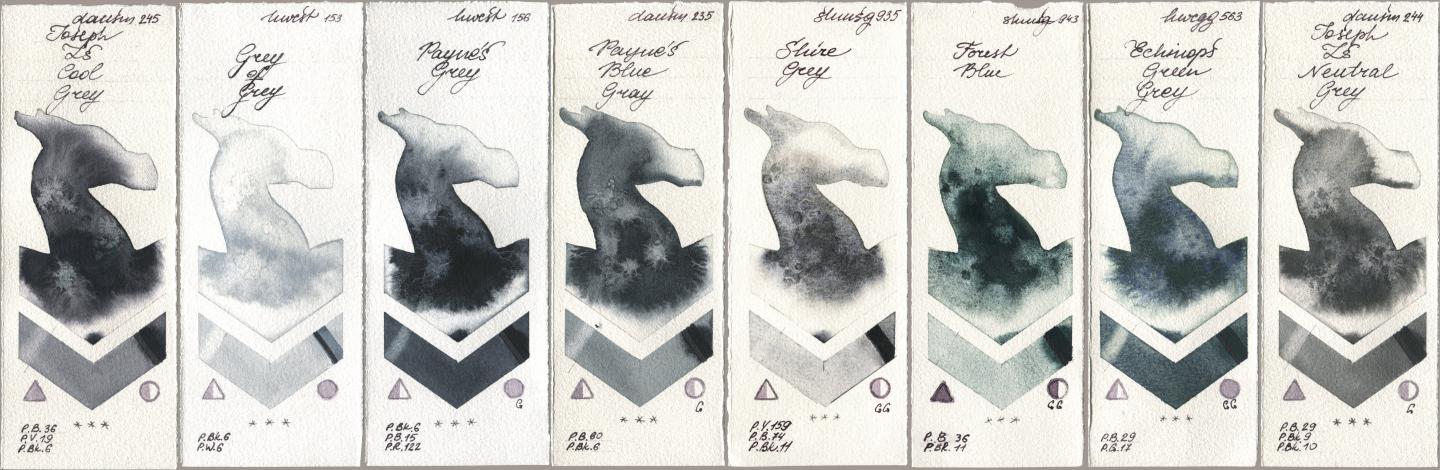 Daniel Smith 245 Joseph Zs Cool Grey, Holbein Artists Watercolor 153 Grey of Grey, 156 Paynes Grey, 235 Paynes Blue Gray, Shminke Horadam Aquarell 935 Shire Grey, 943 Forest Blue, 563 Echinops Green Grey, 244 Joseph Zs Neutral Gr watercolor swatch