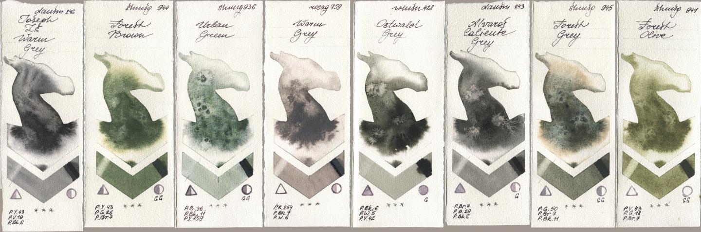 Daniel Smith 246 Joseph Zs Warm Grey, Shminke Horadam Aquarell 944 Forest Brown, 936 Urban Green, Rosa Gallery 759 Warm Grey, Winsor & Newton Professional 428 Ostwald Grey, 243 Alvaros Caliente Grey, 945 Forest Grey, 941 Forest Oli watercolor swatch