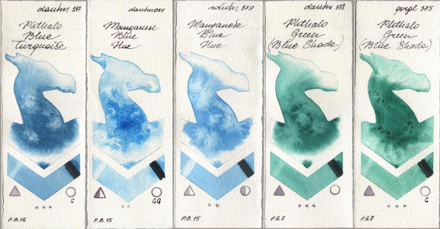 Daniel Smith 247 Phthalo Blue Turquoise, 051 Manganese Blue Hue, Winsor & Newton Professional 379 Manganese Blue Hue, 078 Phthalo Green (Blue Shade), Golden QOR 375 Phthalo Green (Blue Shad watercolor swatch