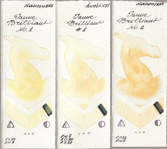 Daniel Smith 256 Jaune Brilliant No 1 vs Holbein Artists Watercolor 031 Jaune Brilliant No 1 vs 257 Jaune Brilliant No 2 watercolor swatch