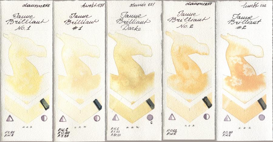Daniel Smith 256 Jaune Brilliant No 1, Holbein Artists Watercolor 031 Jaune Brilliant No 1, Shminke Horadam Aquarell 221 Brilliant Yellow Dark (Jaune Brilliant Dark), 257 Jaune Brilliant No 2, 032 Jaune Brillant No watercolor swatch