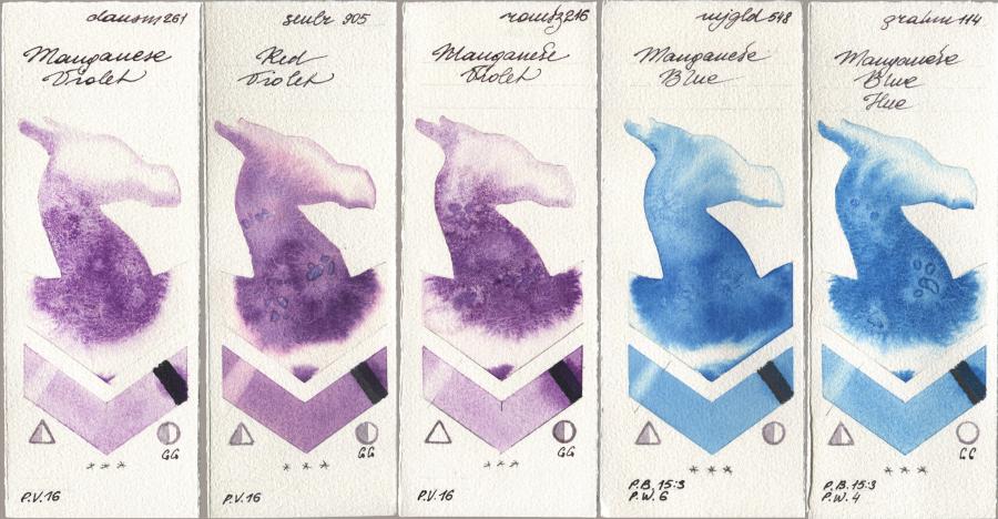 Daniel Smith 261 Manganese Violet, Sennelier l Aquarelle 905 Red Violet, Roman Szmal Aquarius 216 Manganese Violet, Mijello Mission Gold 548 Manganese Blue, M. Graham & Co. Artists 114 Manganese Blue H watercolor swatch