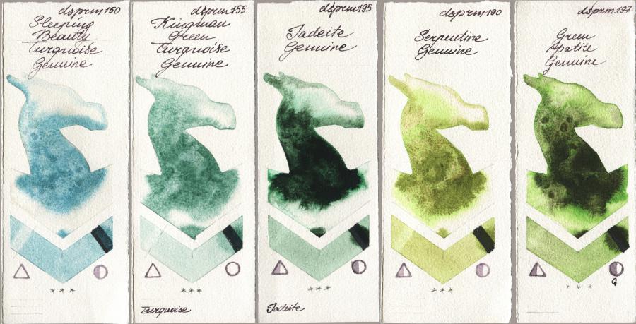 Daniel Smith 150 Sleeping Beauty Turquoise Genuine vs 155 Kingman Green Turquoise Genuine vs 195 Jadeite Genuine vs 190 Serpentine Genuine vs 197 Green Apatite Genuine watercolor swatch