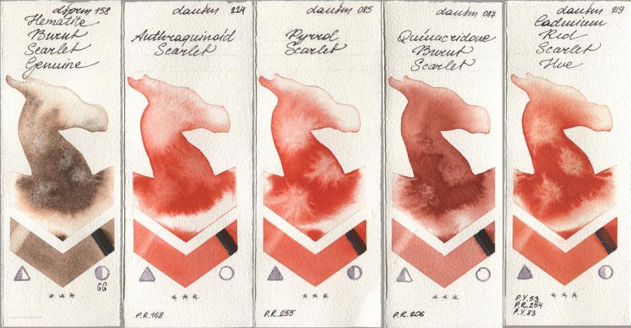 Daniel Smith 158 Hematite Burnt Scarlet Genuine, 224 Anthraquinoid Scarlet, 085 Pyrrol Scarlet, 087 Quinacridone Burnt Scarlet, 219 Cadmium Red Scarlet H watercolor swatch
