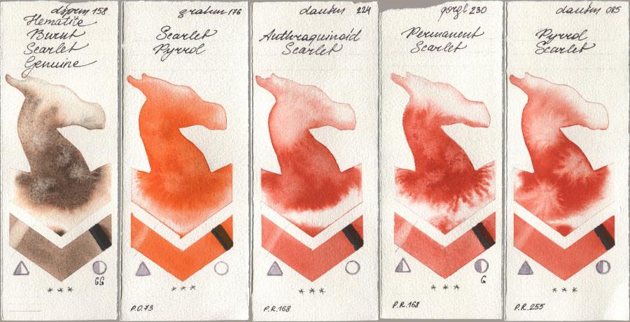 Daniel Smith 158 Hematite Burnt Scarlet Genuine, M. Graham & Co. Artists 176 Scarlet Pyrrol, 224 Anthraquinoid Scarlet, Golden QOR 230 Permanent Scarlet, 085 Pyrrol Scarl watercolor swatch