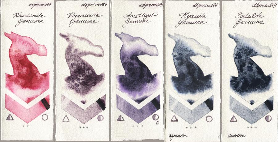 Daniel Smith 167 Rhodonite Genuine vs 164 Purpurite Genuine vs 203 Amethyst Genuine vs 186 Kyanite Genuine vs 179 Sodalite Genuine watercolor swatch
