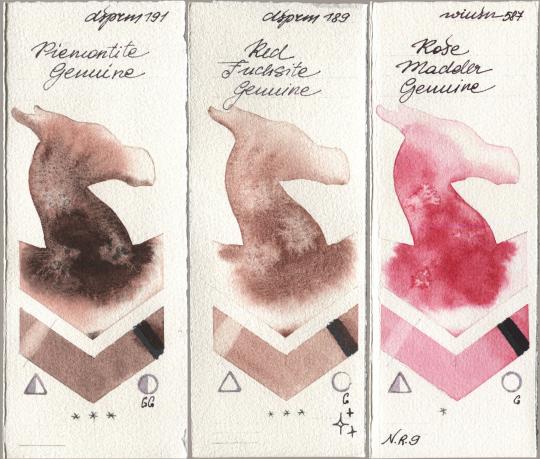 Daniel Smith 191 Piemontite Genuine, 189 Red Fuchsite Genuine, Winsor & Newton Professional 587 Rose Madder Genui watercolor swatch