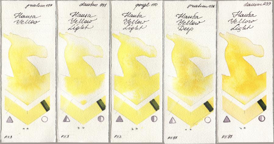 M. Graham & Co. Artists 107 Hansa Yellow, Daniel Smith 041 Hansa Yellow Light, Golden QOR 110 Hansa Yellow Light, 106 Hansa Yellow Deep, 039 Hansa Yellow Lig watercolor swatch