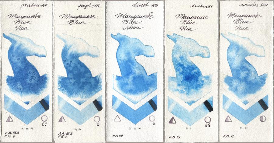 M. Graham & Co. Artists 114 Manganese Blue Hue, Golden QOR 355 Manganese Blue, Holbein Artists Watercolor 105 Manganese Blue Nova, Daniel Smith 051 Manganese Blue Hue, Winsor & Newton Professional 379 Manganese Blue H watercolor swatch