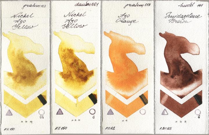 M. Graham & Co. Artists 123 Nickel Azo Yellow, Daniel Smith 061 Nickel Azo Yellow, 017 Azo Orange, Holbein Artists Watercolor 141 Imidazolone Bro watercolor swatch