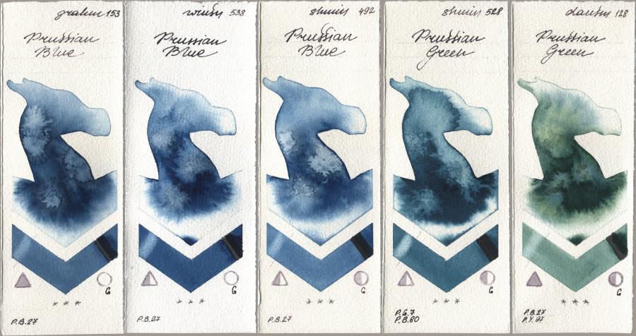 M. Graham & Co. Artists 153 Prussian Blue, Winsor & Newton Professional 538 Prussian Blue, Shminke Horadam Aquarell 492 Prussian Blue, 528 Prussian Green, Daniel Smith 128 Prussian Gre watercolor swatch