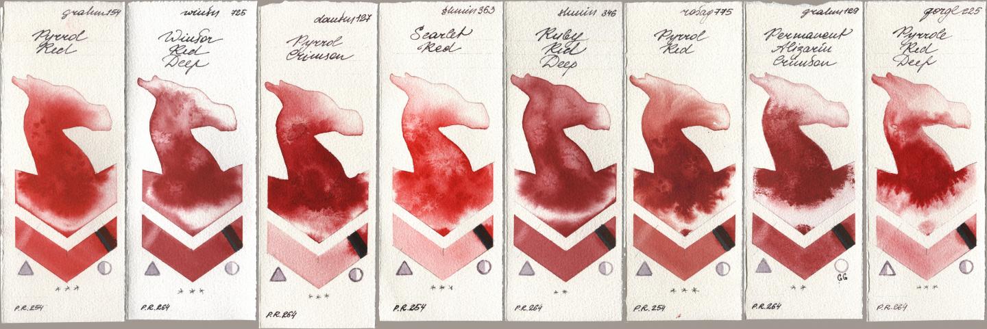 M. Graham & Co. Artists 154 Pyrrol Red, Winsor & Newton Professional 725 Winsor Red Deep, Daniel Smith 127 Pyrrol Crimson, Shminke Horadam Aquarell 363 Scarlet Red, 346 Ruby Red Deep, Rosa Gallery 775 Pyrrole Red, 129 Permanent Alizarin Crimson, Golden QOR 225 Pyrrole Red De watercolor swatch