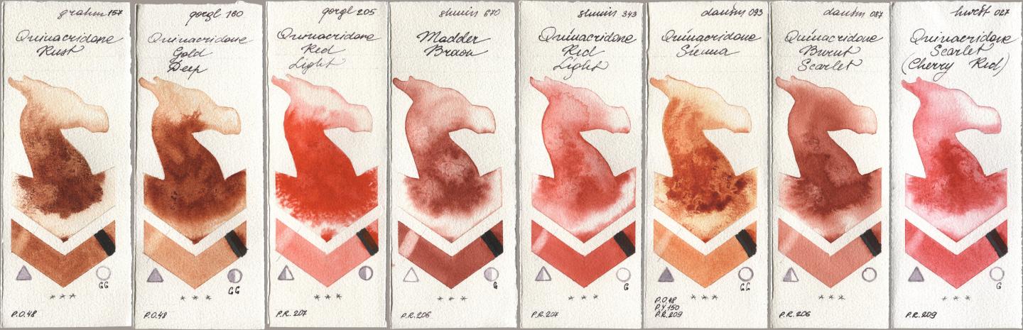 M. Graham & Co. Artists 157 Quinacridone Rust, Golden QOR 160 Quinacridone Gold Deep, 205 Quinacridone Red Light, Shminke Horadam Aquarell 670 Madder Brown, 343 Quinacridone Red Light, Daniel Smith 093 Quinacridone Sienna, 087 Quinacridone Burnt Scarlet, Holbein Artists Watercolor 027 Quinacridone Scarlet (Cherry Re watercolor swatch