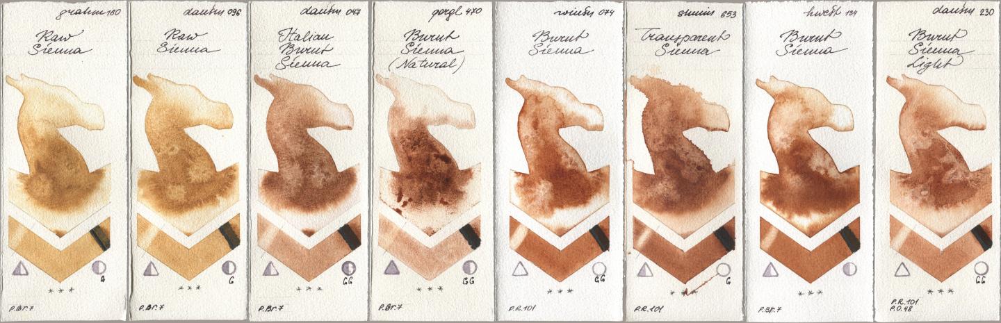 M. Graham & Co. Artists 160 Raw Sienna, Daniel Smith 096 Raw Sienna, 047 Italian Burnt Sienna, Golden QOR 470 Burnt Sienna (Natural), Winsor & Newton Professional 074 Burnt Sienna, Shminke Horadam Aquarell 653 Transparent Sienna, Holbein Artists Watercolor 134 Burnt Sienna, 230 Burnt Sienna Lig watercolor swatch