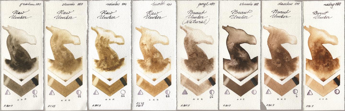 M. Graham & Co. Artists 170 Raw Umber, Shminke Horadam Aquarell 667 Raw Umber, Winsor & Newton Professional 554 Raw Umber, Holbein Artists Watercolor 131 Raw Umber, Golden QOR 480 Burnt Umber (Natural), 668 Burnt Umber, Daniel Smith 011 Burnt Umber, Rosa Gallery 746 Burnt Umb watercolor swatch
