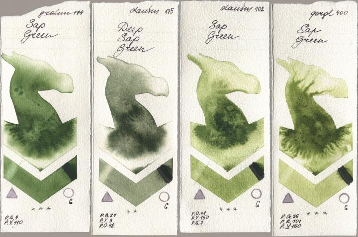 M. Graham & Co. Artists 174 Sap Green, Daniel Smith 175 Deep Sap Green, 102 Sap Green, Golden QOR 400 Sap Gre watercolor swatch