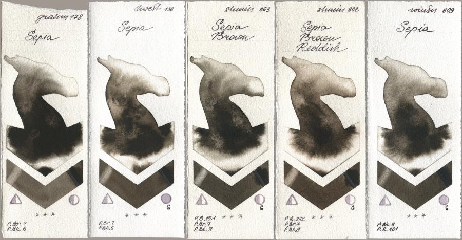 M. Graham & Co. Artists 178 Sepia, Holbein Artists Watercolor 136 Sepia, Shminke Horadam Aquarell 663 Sepia Brown, 662 Sepia Brown Reddish, Winsor & Newton Professional 609 Sep watercolor swatch
