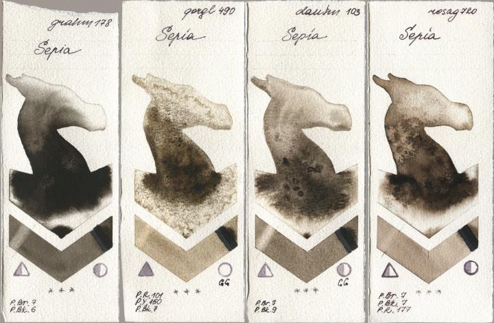 M. Graham & Co. Artists 178 Sepia, Golden QOR 490 Sepia, Daniel Smith 103 Sepia, Rosa Gallery 720 Sep watercolor swatch