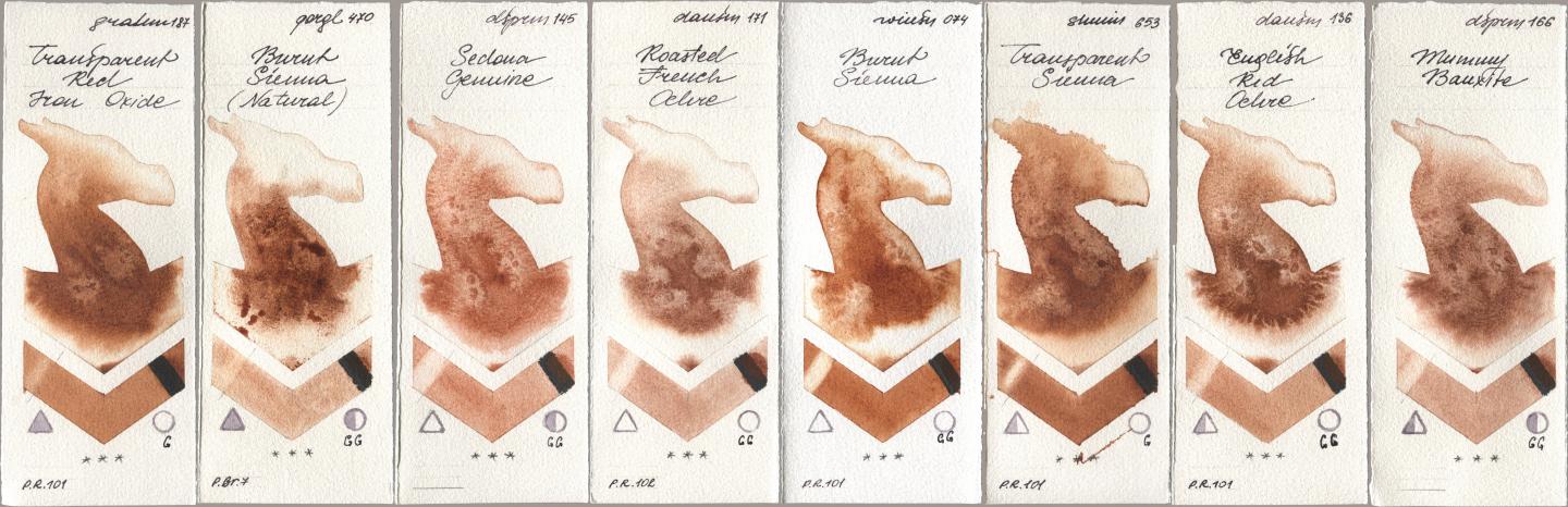 M. Graham & Co. Artists 187 Transparent Red Iron Oxide, Golden QOR 470 Burnt Sienna (Natural), Daniel Smith 145 Sedona Genuine, 171 Roasted French Ochre, Winsor & Newton Professional 074 Burnt Sienna, Shminke Horadam Aquarell 653 Transparent Sienna, 136 English Red Ochre, 166 Mummy Bauxi watercolor swatch