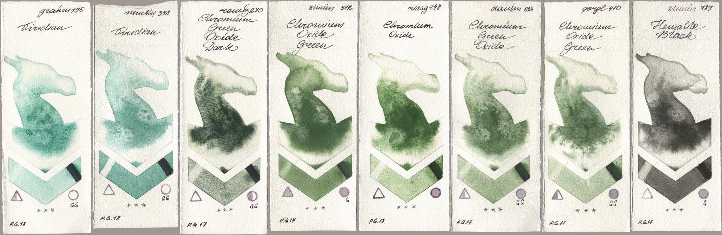 M. Graham & Co. Artists 195 Viridian, Maimeri Blu 348 Viridian, Roman Szmal Aquarius 270 Chromium Green Oxide Dark, Shminke Horadam Aquarell 512 Chromium Oxide Green, Rosa Gallery 743 Chromium Oxide, Daniel Smith 024 Chromium Green Oxide, Golden QOR 410 Chromium Oxide Green, 789 Hematite Bla watercolor swatch