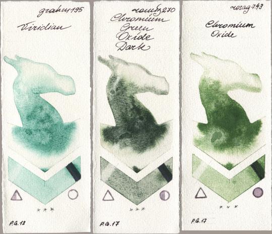 M. Graham & Co. Artists 195 Viridian vs Roman Szmal Aquarius 270 Chromium Green Oxide Dark vs Rosa Gallery 743 Chromium Oxide watercolor swatch