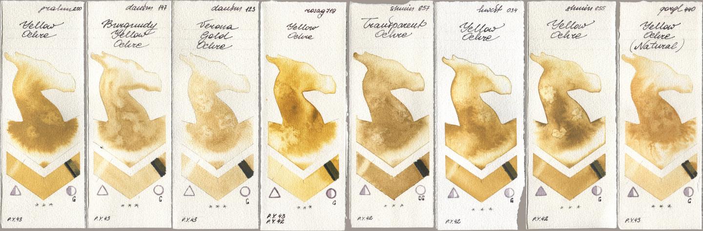 M. Graham & Co. Artists 200 Yellow Ochre, Daniel Smith 147 Burgundy Yellow Ochre, 123 Verona Gold Ochre, Rosa Gallery 719 Yellow Ochre, Shminke Horadam Aquarell 657 Transparent Ochre, Holbein Artists Watercolor 034 Yellow Ochre, 655 Yellow Ochre, Golden QOR 440 Yellow Ochre (Natura watercolor swatch