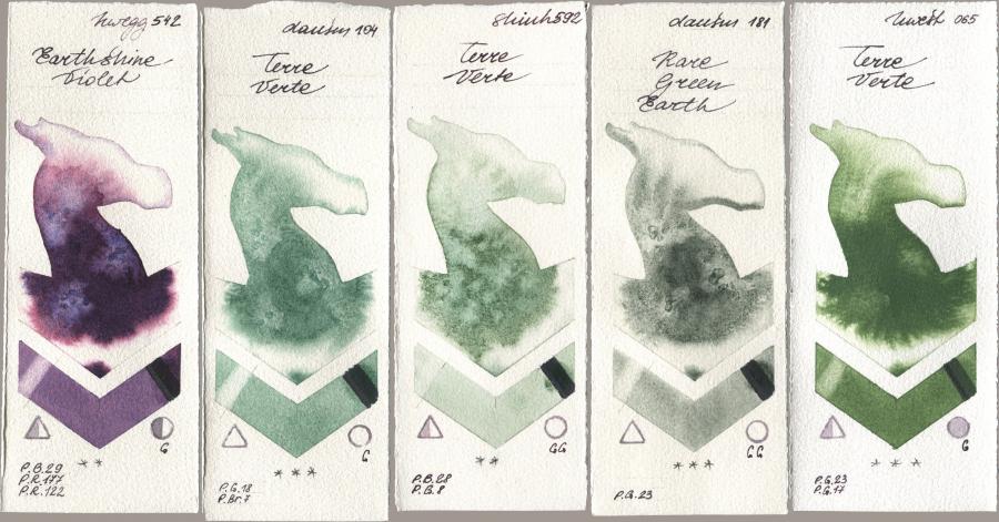 Holbein Artists Watercolor 542 Earthshine Violet, Daniel Smith 104 Terre Verte, Shinhan PWC 592 Terre Verte, 181 Rare Green Earth, 065 Terre Ver watercolor swatch