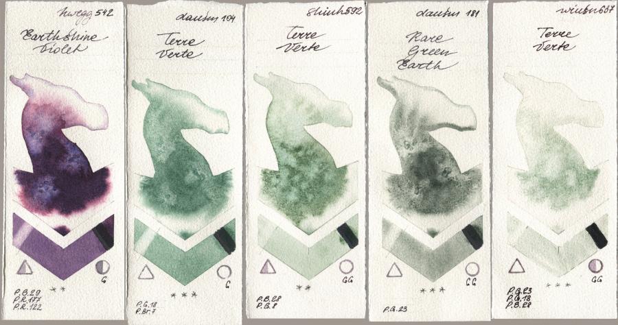 Holbein Artists Watercolor 542 Earthshine Violet, Daniel Smith 104 Terre Verte, Shinhan PWC 592 Terre Verte, 181 Rare Green Earth, Winsor & Newton Professional 637 Terre Ver watercolor swatch