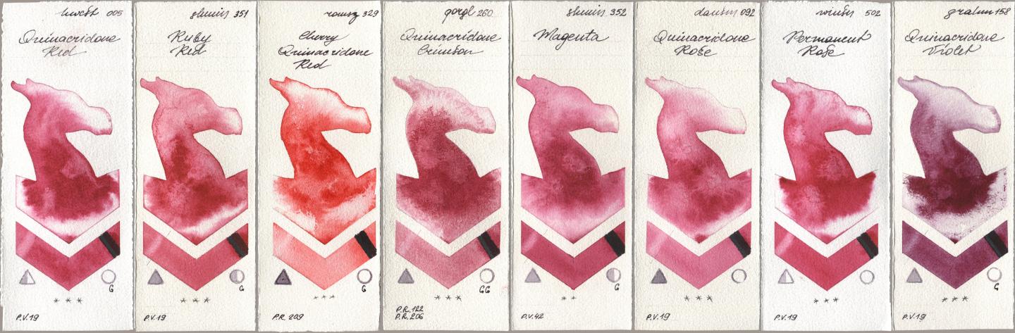 Holbein Artists Watercolor 005 Quinacridone Red, Shminke Horadam Aquarell 351 Ruby Red, Roman Szmal Aquarius 329 Cherry Quinacridone Red, Golden QOR 260 Quinacridone Crimson, 352 Magenta, Daniel Smith 092 Quinacridone Rose, Winsor & Newton Professional 502 Permanent Rose, M. Graham & Co. Artists 158 Quinacridone Viol watercolor swatch