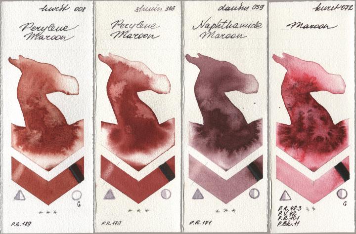 Holbein Artists Watercolor 008 Perylene Maroon, Shminke Horadam Aquarell 366 Perylene Maroon, Daniel Smith 059 Naphthamide Maroon, Kuretake Gansai Tambi 072 Maro watercolor swatch
