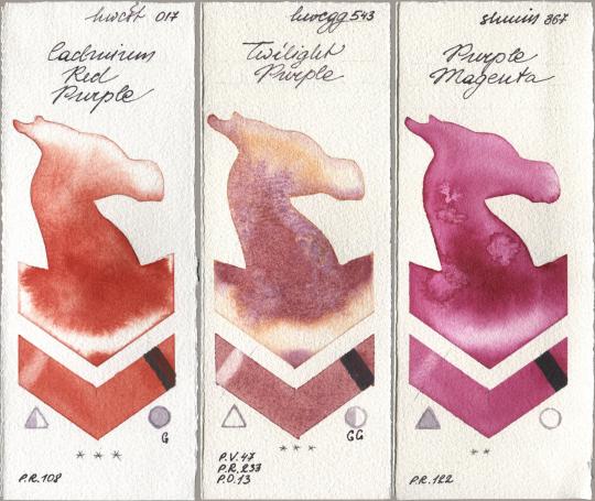 Holbein Artists Watercolor 017 Cadmium Red Purple, 543 Twilight Purple, Shminke Horadam Aquarell 367 Purple Magen watercolor swatch