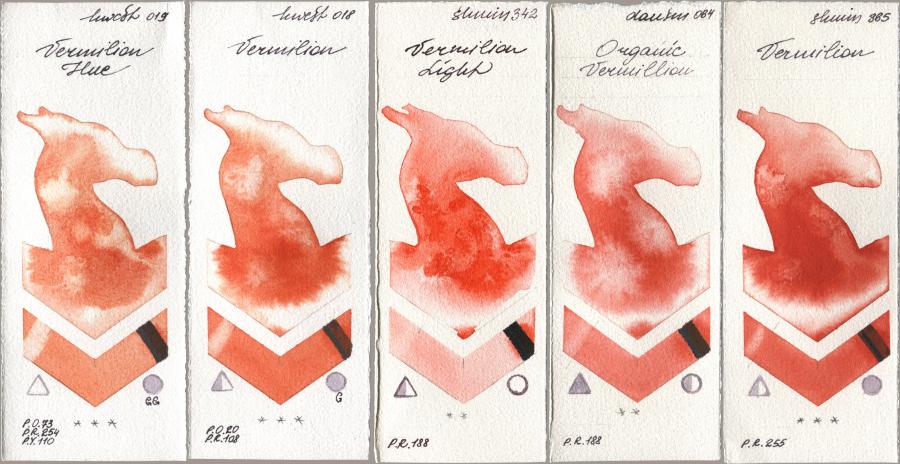 Holbein Artists Watercolor 019 Vermilion Hue, 018 Vermilion, Shminke Horadam Aquarell 342 Vermilion Light, Daniel Smith 064 Organic Vermilion, 365 Vermili watercolor swatch