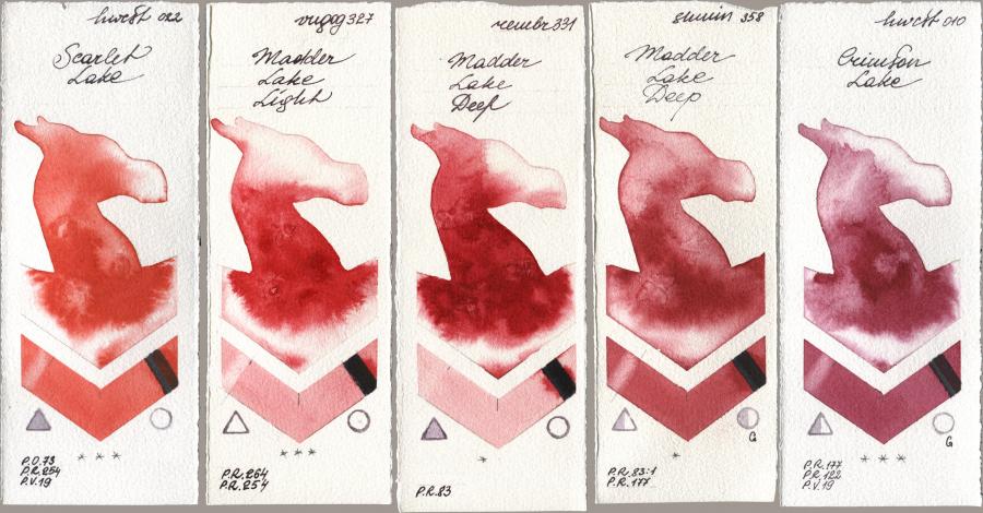 Holbein Artists Watercolor 022 Scarlet Lake, Royal Talens Van Gogh Watercolour 327 Madder Lake Light, Royal Talens Rembrandt Watercolour 331 Madder Lake Deep, Shminke Horadam Aquarell 358 Madder Lake Deep, 010 Crimson La watercolor swatch