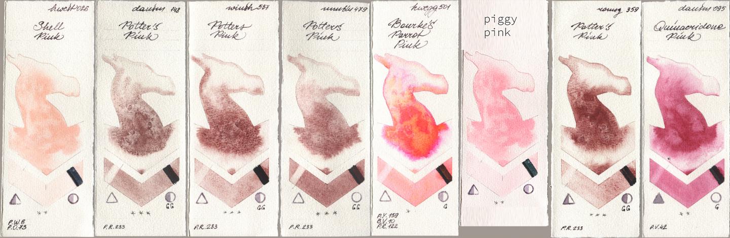 Holbein Artists Watercolor 026 Shell Pink, Daniel Smith 148 Potters Pink, Winsor & Newton Professional 537 Potters Pink, Maimeri Blu 479 Potters Pink, 501 Bourkes Parrot Pink, my 031 piggy pink, Roman Szmal Aquarius 359 Potters Pink, 095 Quinacridone Pi watercolor swatch