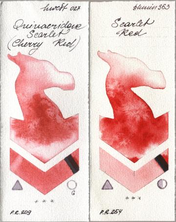 Holbein Artists Watercolor 027 Quinacridone Scarlet (Cherry Red), Shminke Horadam Aquarell 363 Scarlet R watercolor swatch