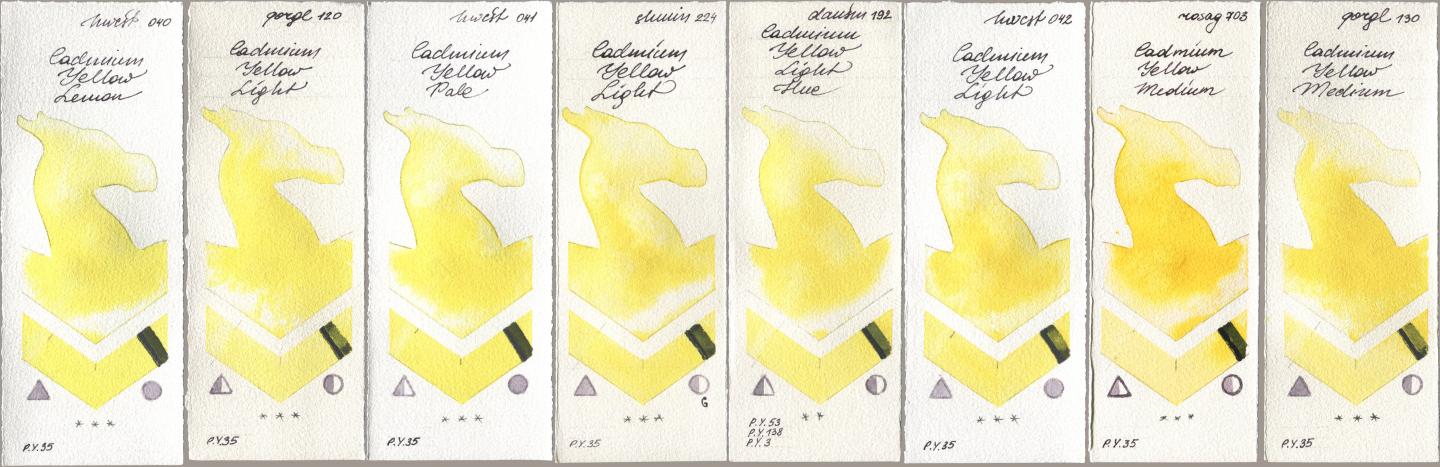 Holbein Artists Watercolor 040 Cadmium Yellow Lemon, Golden QOR 120 Cadmium Yellow Light, 041 Cadmium Yellow Pale, Shminke Horadam Aquarell 224 Cadmium Yellow Light, Daniel Smith 192 Cadmium Yellow Light Hue, 042 Cadmium Yellow Light, Rosa Gallery 703 Cadmium Yellow Medium, 130 Cadmium Yellow Medi watercolor swatch