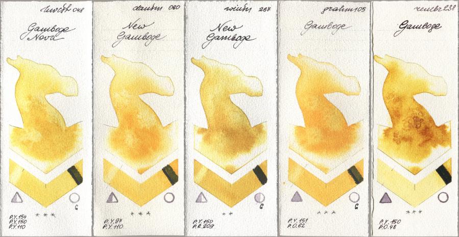 Holbein Artists Watercolor 048 Gamboge Nova, Daniel Smith 060 New Gamboge, Winsor & Newton Professional 267 New Gamboge, M. Graham & Co. Artists 105 Gamboge, Royal Talens Rembrandt Watercolour 238 Gambo watercolor swatch