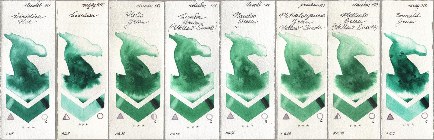 Holbein Artists Watercolor 061 Virdian Hue, Royal Talens Van Gogh Watercolour 616 Viridian, Shminke Horadam Aquarell 514 Helio Green, Winsor & Newton Professional 721 Winsor Green (Yellow shade), 078 Bamboo Green, M. Graham & Co. Artists 151 Phthalocyanine Green Yellow Shade, Daniel Smith 079 Phthalo Green (Yellow Shade), Rosa Gallery 712 Emerald Gre watercolor swatch