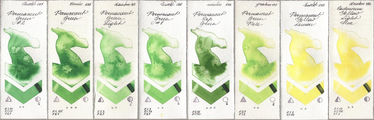 Holbein Artists Watercolor 067 Permanent Green No 2, Shminke Horadam Aquarell 526 Permanent Green, Daniel Smith 067 Permanent Green Light, 066 Permanent Green No 1, Winsor & Newton Professional 503 Permanent Sap Green, M. Graham & Co. Artists 131 Permanent Green Pale, 035 Permanent Yellow Lemon, 192 Cadmium Yellow Light H watercolor swatch