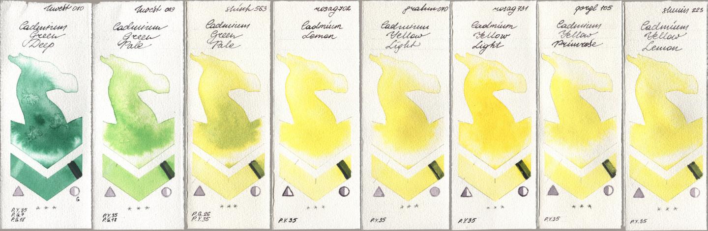 Holbein Artists Watercolor 070 Cadmium Green Deep, 069 Cadmium Green Pale, Shinhan PWC 563 Cadmium Green Pale, Rosa Gallery 702 Cadmium Lemon, M. Graham & Co. Artists 070 Cadmium Yellow Light, 731 Cadmium Yellow Light, Golden QOR 105 Cadmium Yellow Primrose, Shminke Horadam Aquarell 223 Cadmium Yellow Lem watercolor swatch