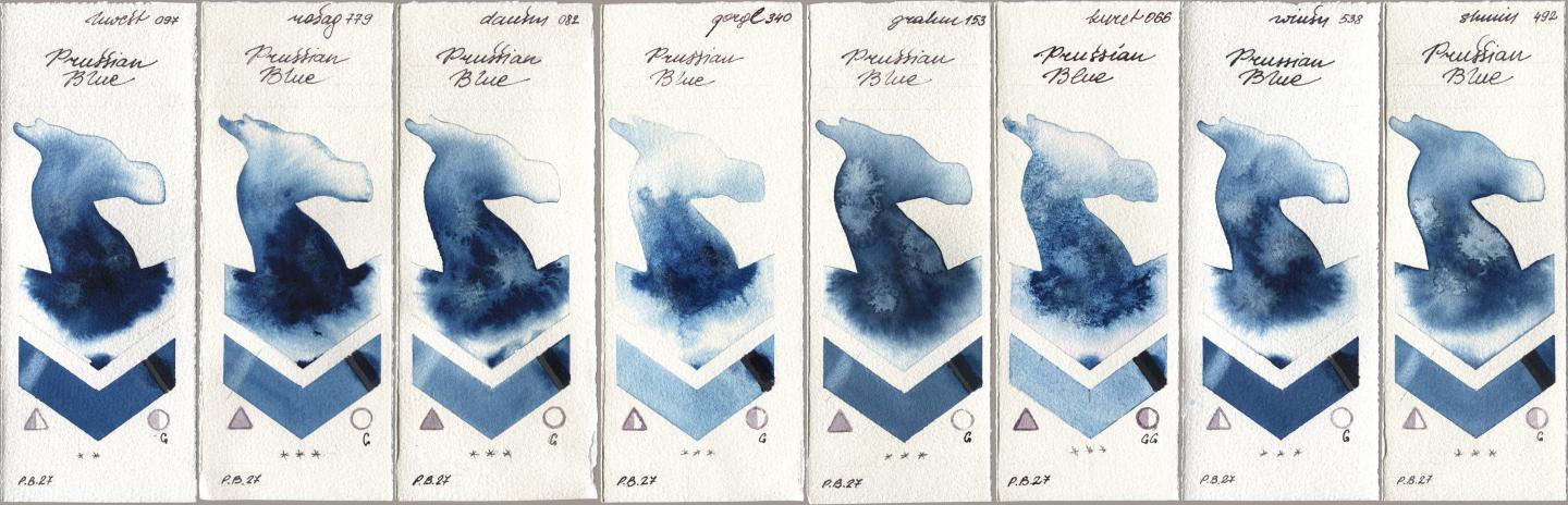 Holbein Artists Watercolor 097 Prussian Blue, Rosa Gallery 779 Prussian Blue, Daniel Smith 082 Prussian Blue, Golden QOR 340 Prussian Blue, M. Graham & Co. Artists 153 Prussian Blue, Kuretake Gansai Tambi 066 Prussian Blue, Winsor & Newton Professional 538 Prussian Blue, Shminke Horadam Aquarell 492 Prussian Bl watercolor swatch