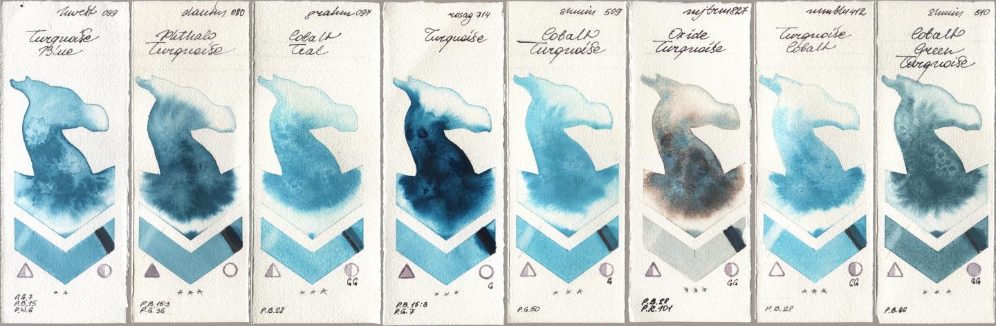 Holbein Artists Watercolor 099 Turquoise Blue, Daniel Smith 080 Phthalo Turquoise, M. Graham & Co. Artists 097 Cobalt Teal, Rosa Gallery 714 Turquoise, Shminke Horadam Aquarell 509 Cobalt Turquoise, Mijello Mission Gold 827 Oxide Turquoise, Maimeri Blu 412 Turquoise Cobalt, 510 Cobalt Green Turquoi watercolor swatch