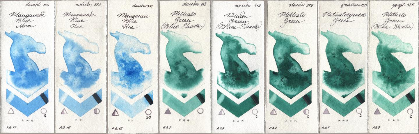 Holbein Artists Watercolor 105 Manganese Blue Nova, Winsor & Newton Professional 379 Manganese Blue Hue, Daniel Smith 051 Manganese Blue Hue, 078 Phthalo Green (Blue Shade), 719 Winsor Green (Blue Shade), Shminke Horadam Aquarell 519 Phthalo Green, M. Graham & Co. Artists 150 Phthalocyanine Green, Golden QOR 375 Phthalo Green (Blue Shad watercolor swatch