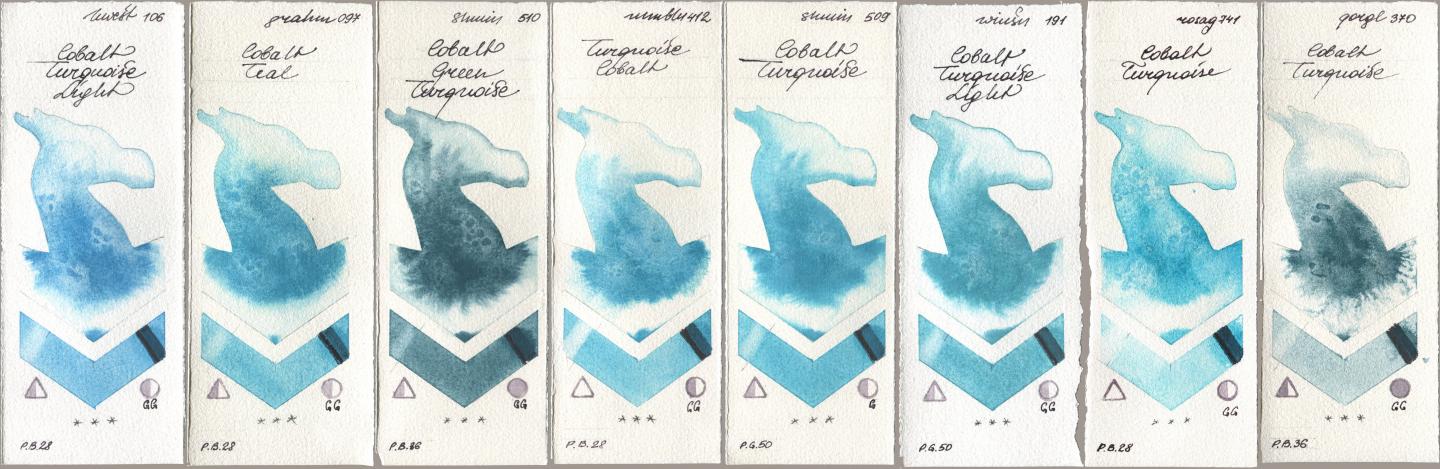 Holbein Artists Watercolor 106 Cobalt Turquoise Light, M. Graham & Co. Artists 097 Cobalt Teal, Shminke Horadam Aquarell 510 Cobalt Green Turquoise, Maimeri Blu 412 Turquoise Cobalt, 509 Cobalt Turquoise, Winsor & Newton Professional 191 Cobalt Turquoise Light, Rosa Gallery 741 Cobalt Turquoise, Golden QOR 370 Cobalt Turquoi watercolor swatch