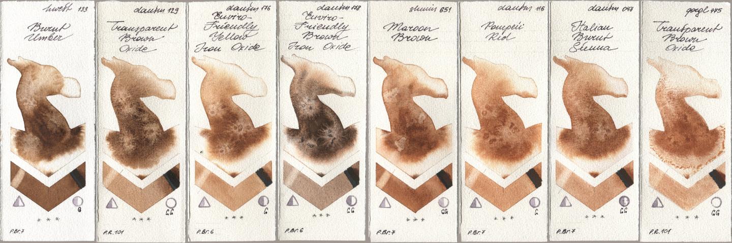 Holbein Artists Watercolor 133 Burnt Umber, Daniel Smith 129 Transparent Brown Oxide, 176 Enviro-Friendly Yellow Iron Oxide, 178 Enviro-Friendly Brown Iron Oxide, Shminke Horadam Aquarell 651 Maroon Brown, 116 Pompeii Red, 047 Italian Burnt Sienna, Golden QOR 475 Transparent Brown Oxi watercolor swatch